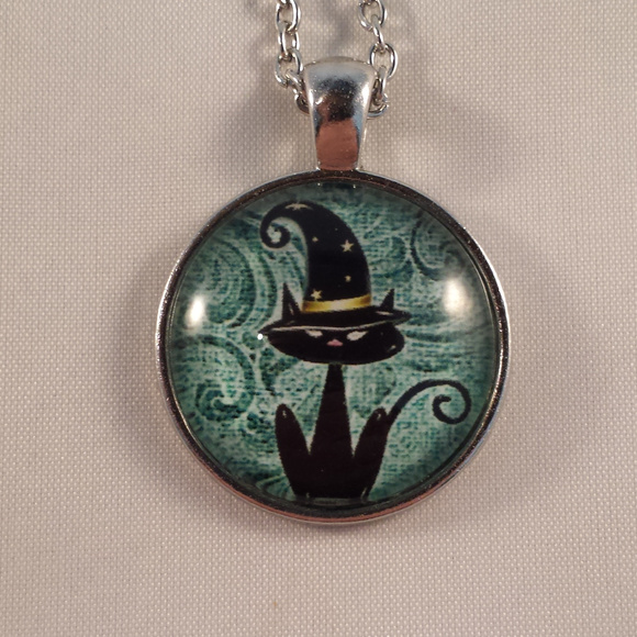 Kristy's Jewels Jewelry Silver Black Cat Cabochon Pendant Chain